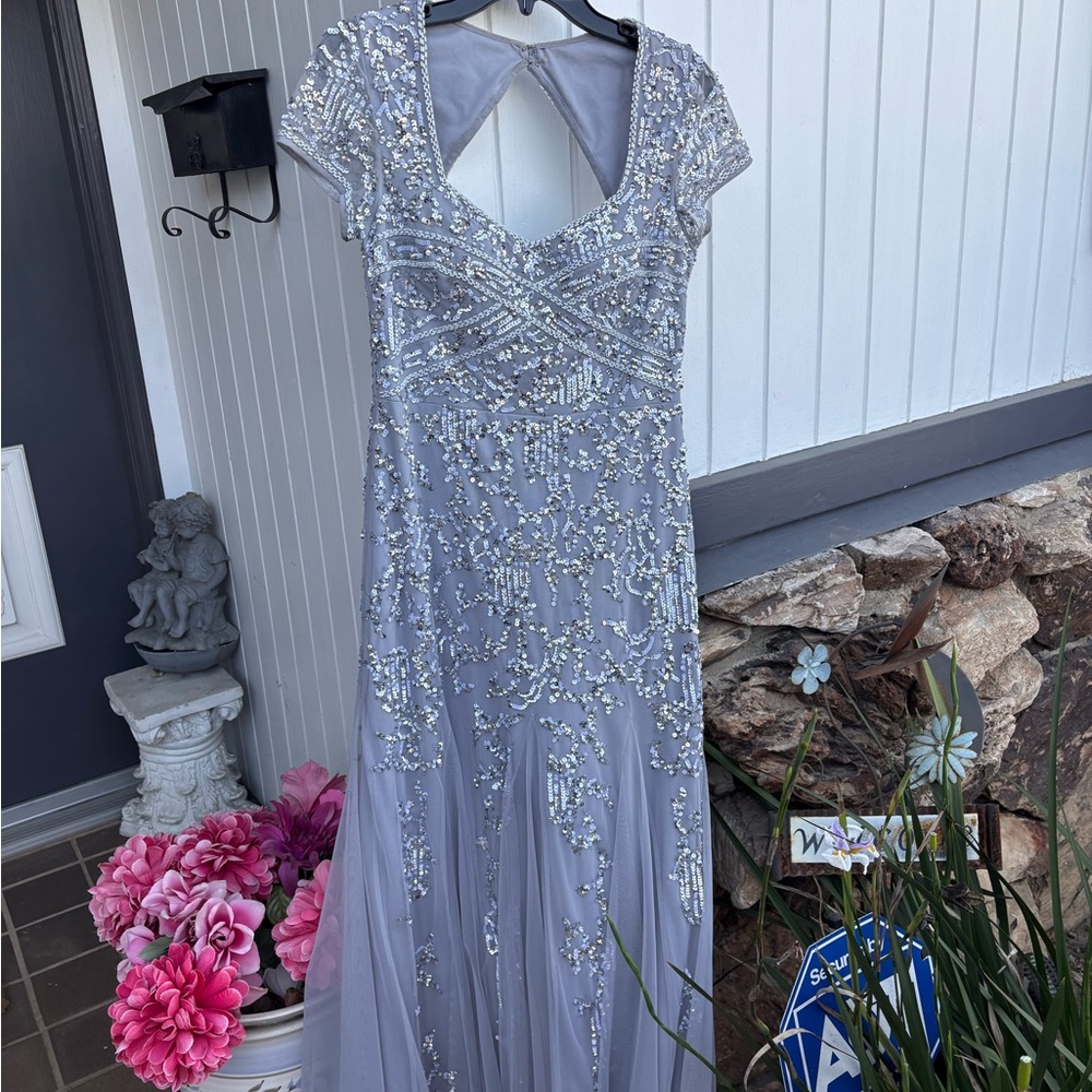 Adrianna Papell Silver Beaded Maxi Dress